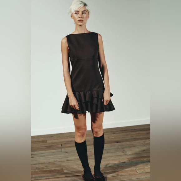 Zara Short Ruffled Brown Dress - Picture 2 of 3